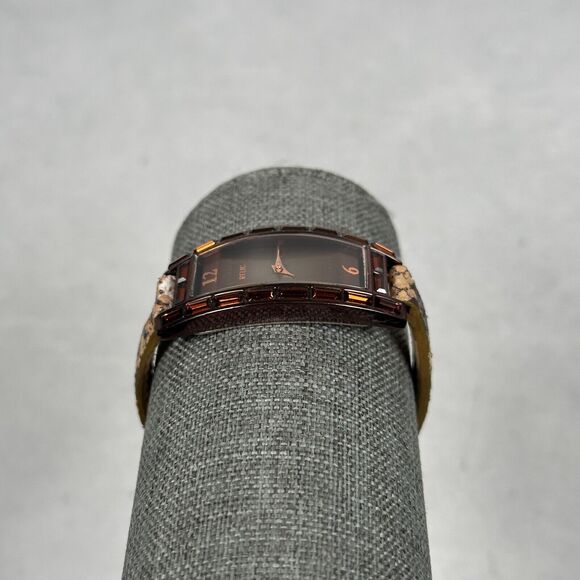 Fossil Relic Watch Womens Brown Baguette Crystal Bezel Animal Print New Battery - Picture 2 of 9